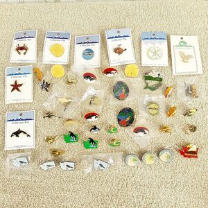 Lot of 45 Lapel/Hat Pins, Used & New, PNW ocean animals orca whale bird fish WA